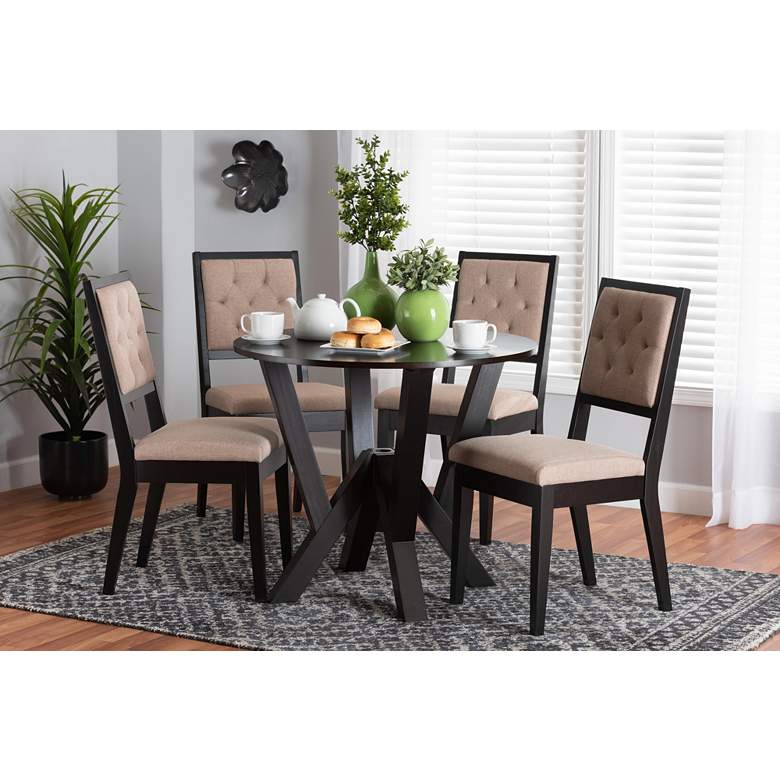 Image 1 Kai Sand Fabric Dark Brown Wood 5-Piece Dining Set