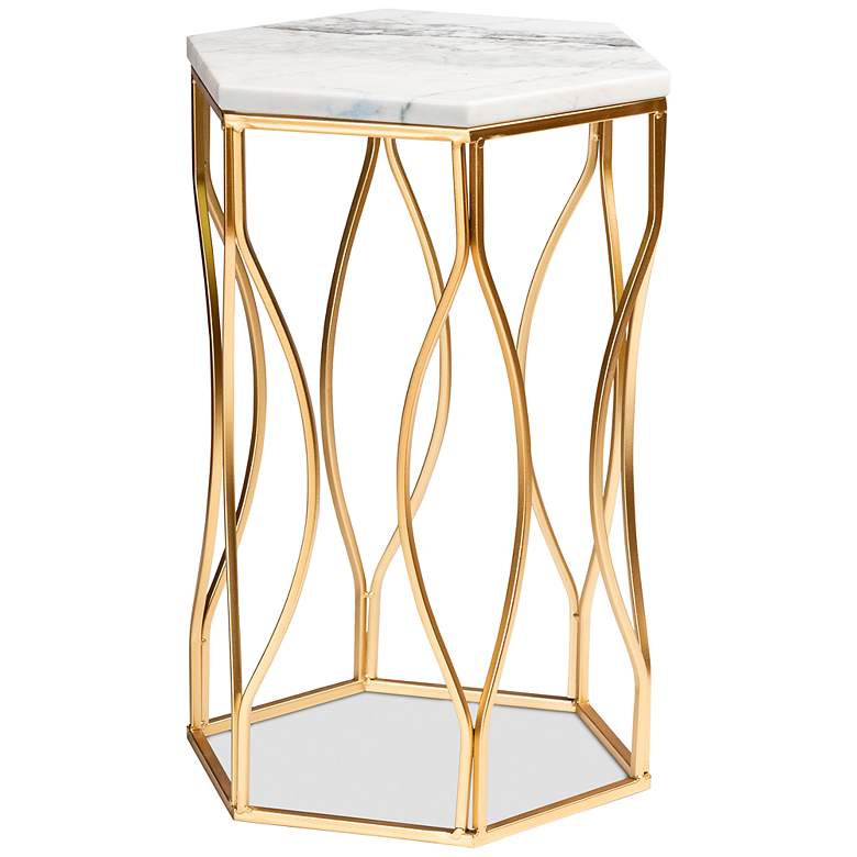Image 2 Kalena 14 1/4" Wide White Marble Gold Metal Round End Table