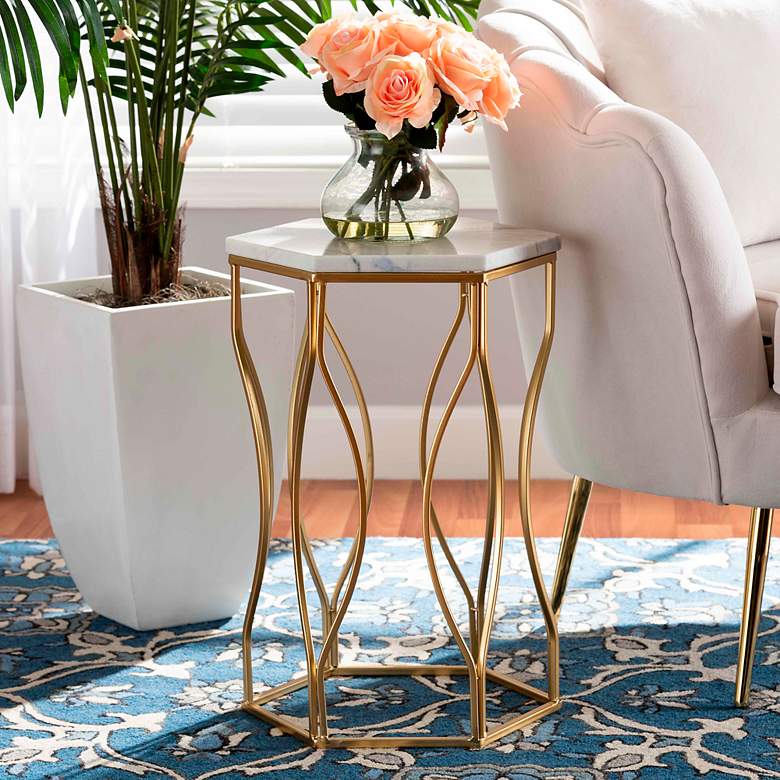 Image 1 Kalena 14 1/4" Wide White Marble Gold Metal Round End Table
