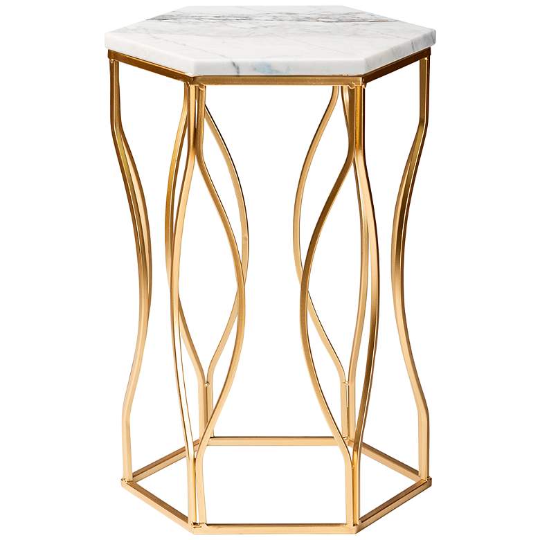 Image 6 Kalena 14 1/4" Wide White Marble Gold Metal Round End Table more views