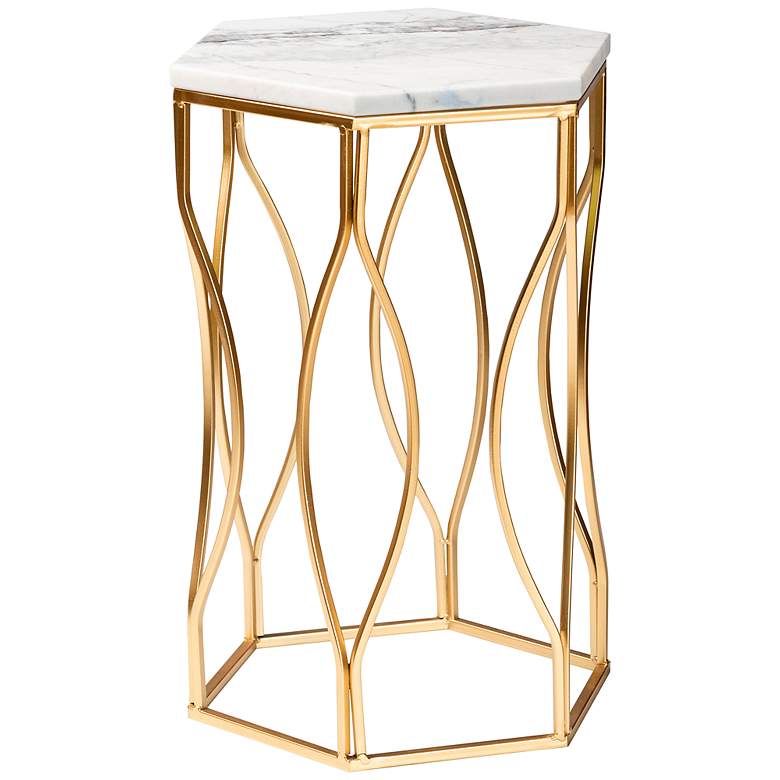 Image 7 Kalena 14 1/4" Wide White Marble Gold Metal Round End Table more views