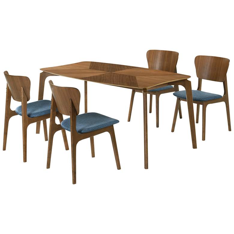 Image 1 Kalia 5 Piece Dining Set in Wood and Walnut Finish with Blue Fabric