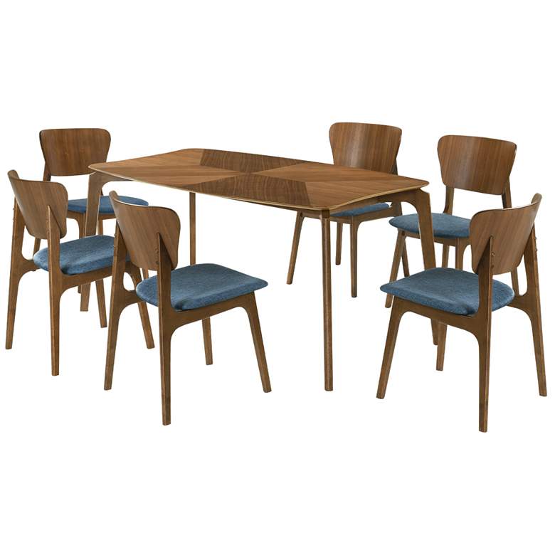 Image 1 Kalia 7 Piece Dining Set in Wood and Walnut Finish with Blue Fabric