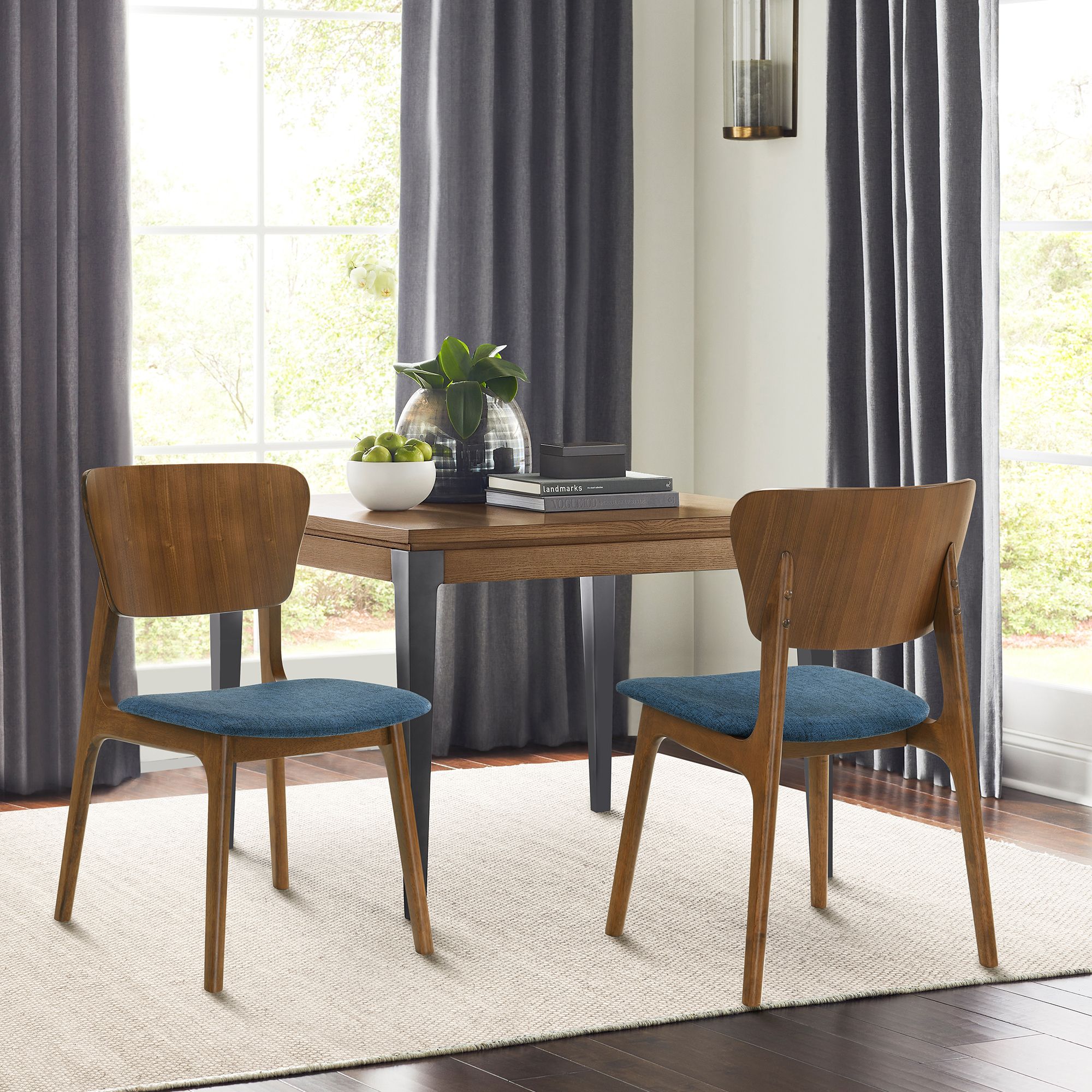 Kalia Set of 2 Dining Chairs in Wood and Walnut Finish with Blue Fabric