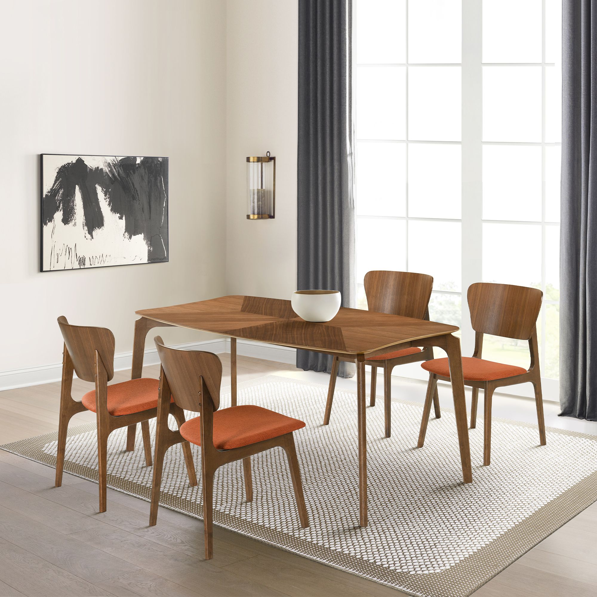 Kalia Set of 2 Dining Chairs in Wood and Walnut Finish with Orange Fabric