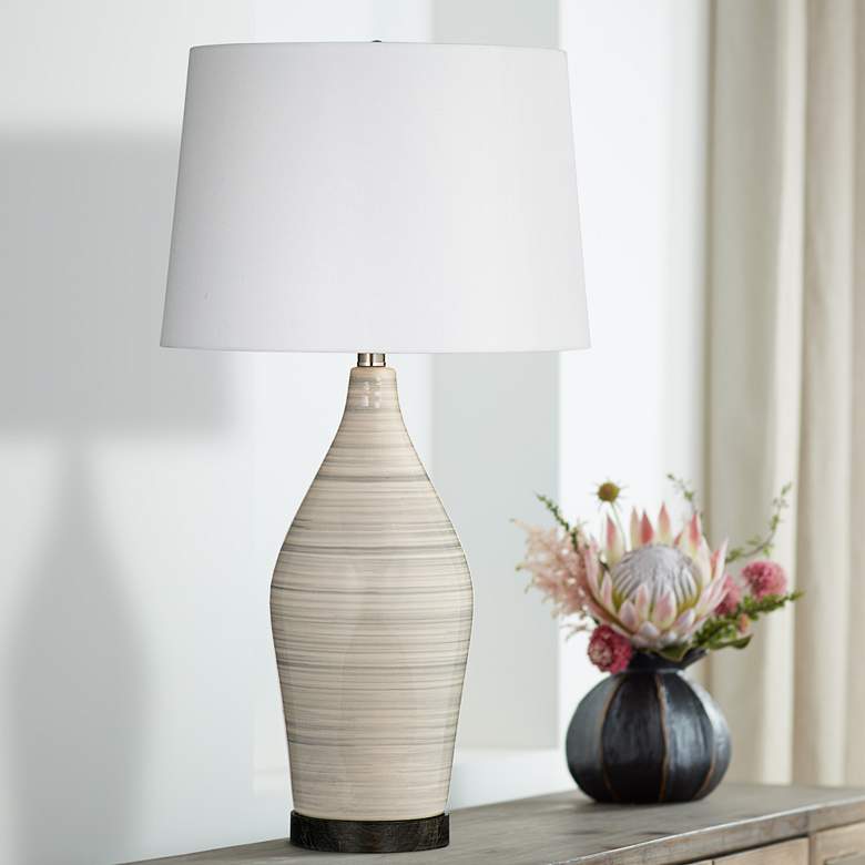 Image 1 Kamet Glazed Oatmeal and Gray Stripped Ceramic Table Lamp