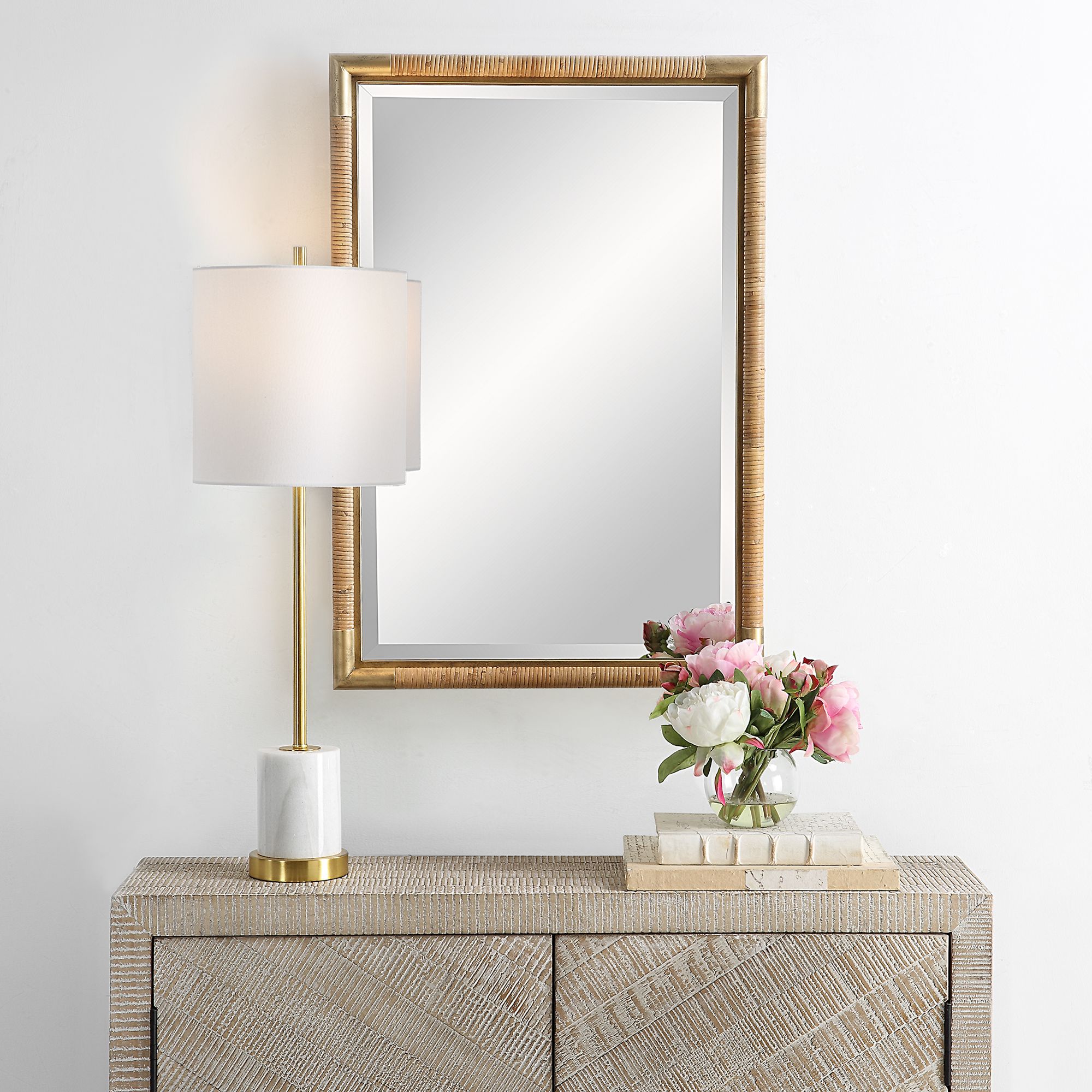 Image 7 Kampar Antiqued Gold and Rattan 22" x 32" Vanity Wall Mirror more views