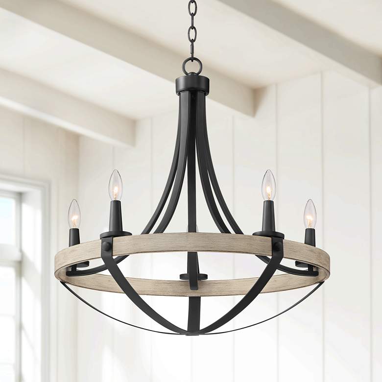 Image 1 Kander 26" Wide Black and White Wash Wood 5-Light Chandelier