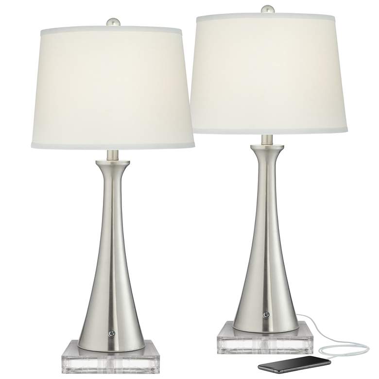 Image 1 Karl Dimmable Brushed Nickel Lamps With USB With 8 inch Square Risers