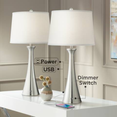 Karl Full Range Dimmer Brushed Nickel Lamp Set of 2 with USB - #80M47 | Lamps Plus