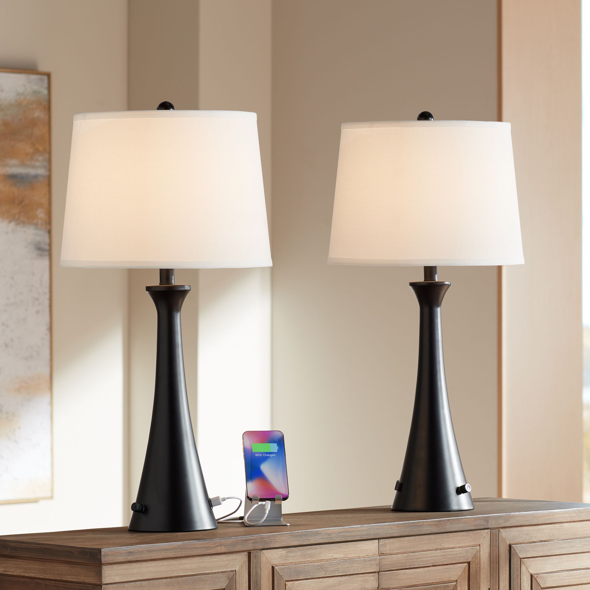 Karl Modern Black Table Lamps Set of 2 with USB Port and Outlet