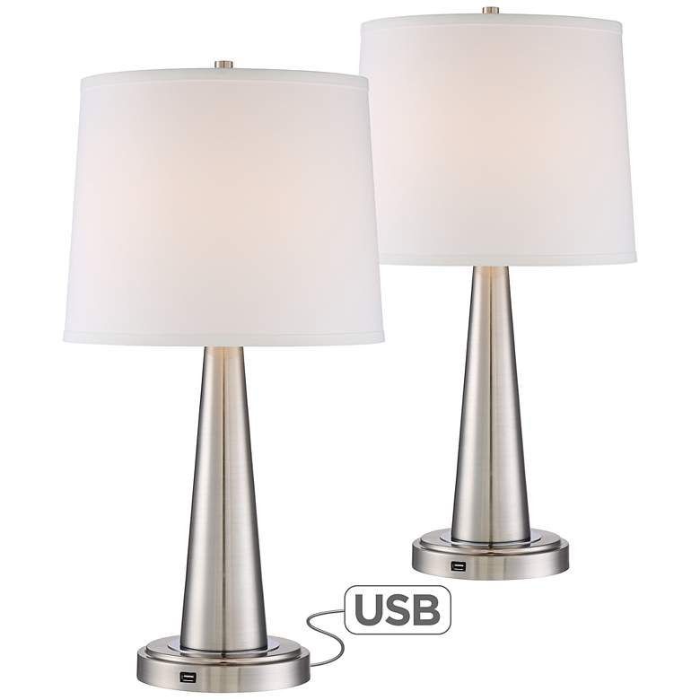 Image 1 Karla Brushed Steel USB Table Lamps w/ 9W LED Bulb Set of 2