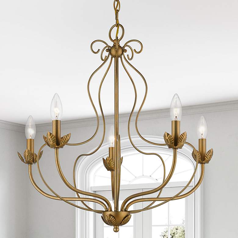 Image 2 Katarina 23"W Antique Gold Leaf 5-Light Floral Chandelier