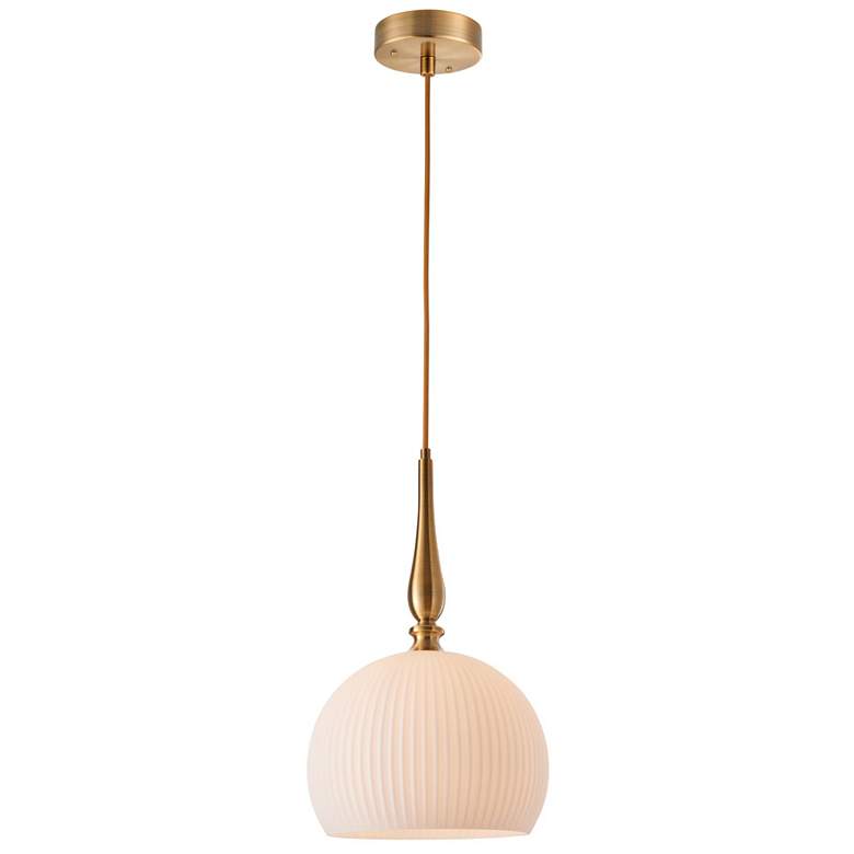 Image 1 Kate 13.8" Wide Brushed Brass Pendant w/ White Ribbed Shade