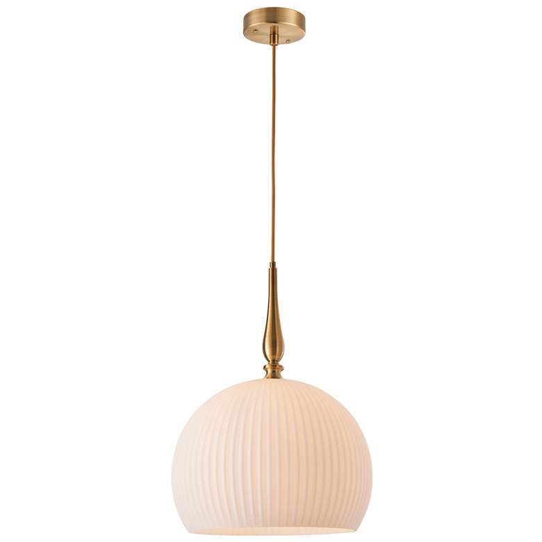 Image 1 Kate 9.8" Wide Brushed Brass Pendant w/ White Ribbed Shade