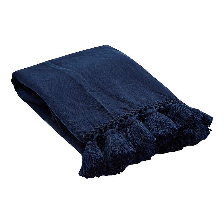 Kate Spade New York Seaport Navy Blue Tassel Throw Blanket