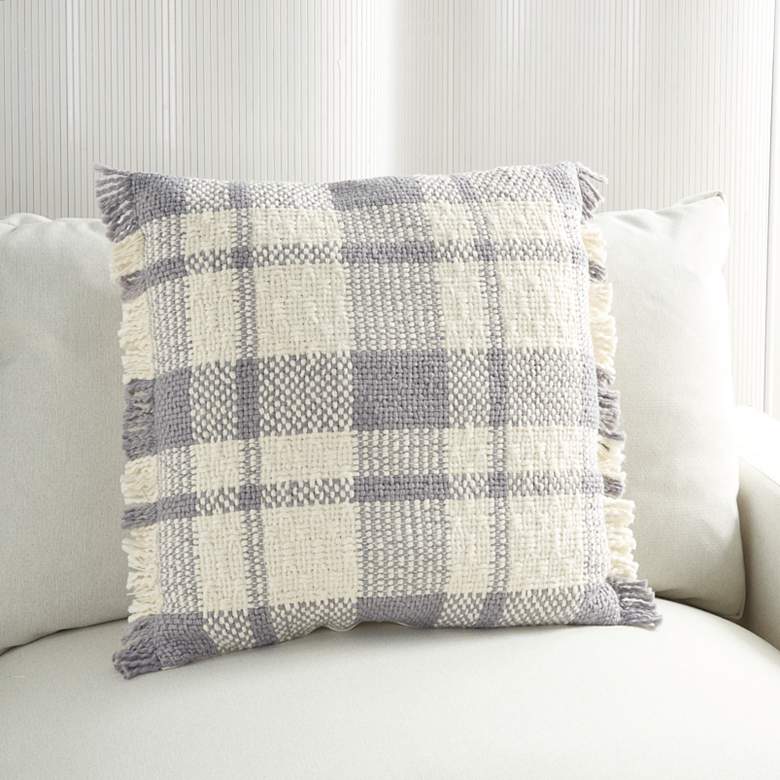 Image 1 Kathy Ireland Gray Woven Plaid Check 20 inch Square Throw Pillow