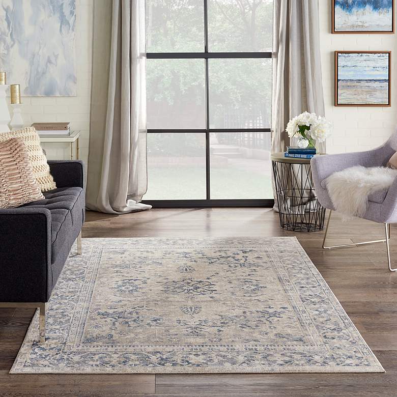 Image 1 Kathy Ireland Malta MAI05 5&#39;3 inchx7&#39;7 inch Ivory and Blue Rug