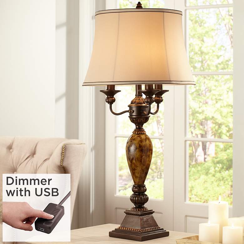 Image 1 Kathy Ireland Mulholland Traditional Table Lamp with USB Brown Dimmer Cord