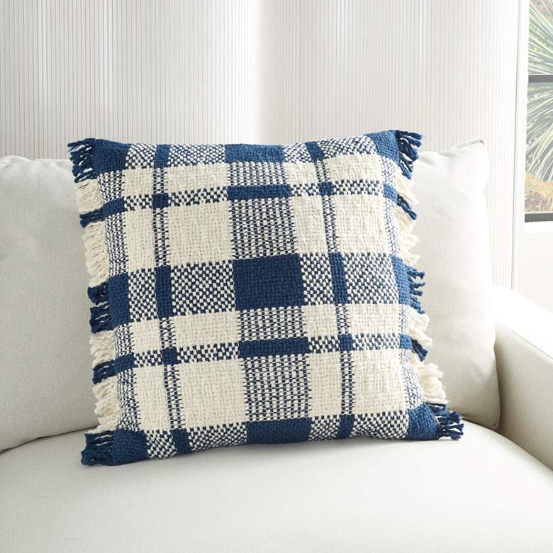 Image 1 Kathy Ireland Navy Woven Plaid Check 20 inch Square Throw Pillow