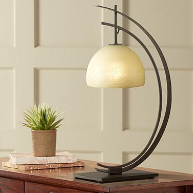 Kathy Ireland Orbit 28" Bronze Arc with Amber Glass Accent Table Lamp