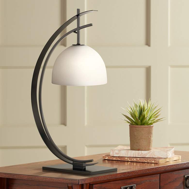 Image 1 Kathy Ireland Orbit 28 inch Black Arc with White Glass Accent Table Lamp