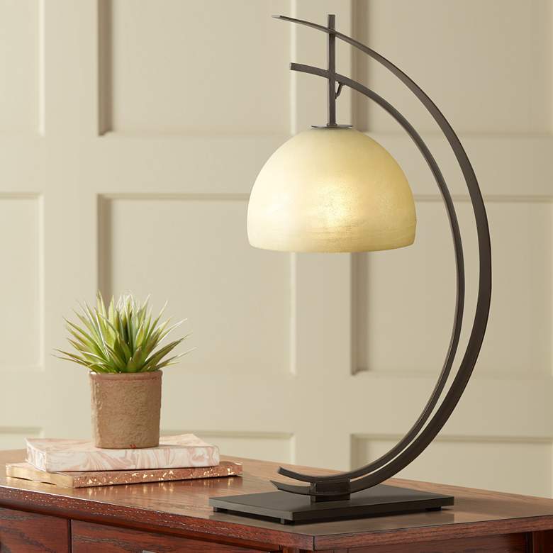Image 1 Kathy Ireland Orbit 28 inch Bronze Arc with Amber Glass Accent Table Lamp