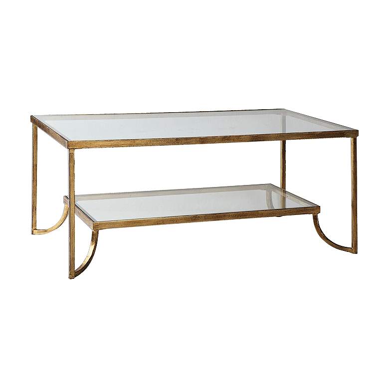Katina 47&quot; Wide Antiqued Gold Leaf and Glass Designer Coffee Table