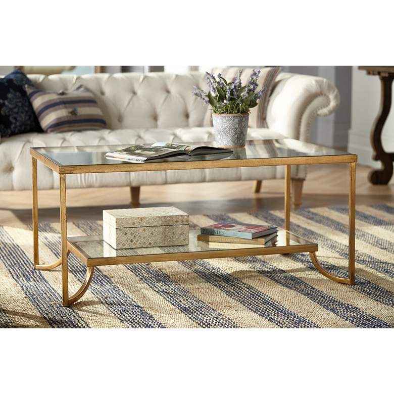 Image 2 Katina 47 inch Wide Antiqued Gold Leaf and Glass Designer Coffee Table