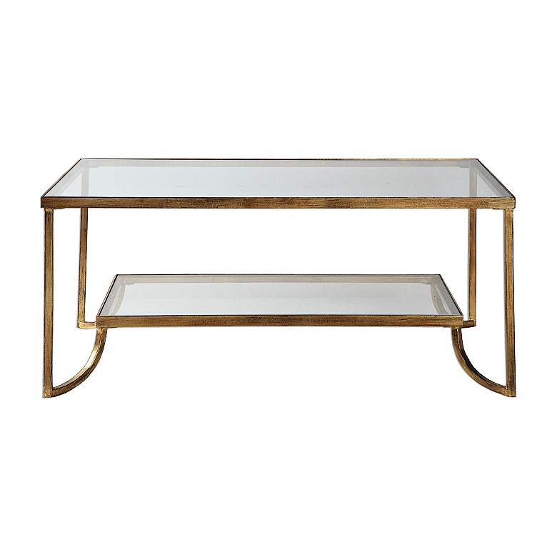 Katina 47&quot; Wide Antiqued Gold Leaf and Glass Designer Coffee Table more views