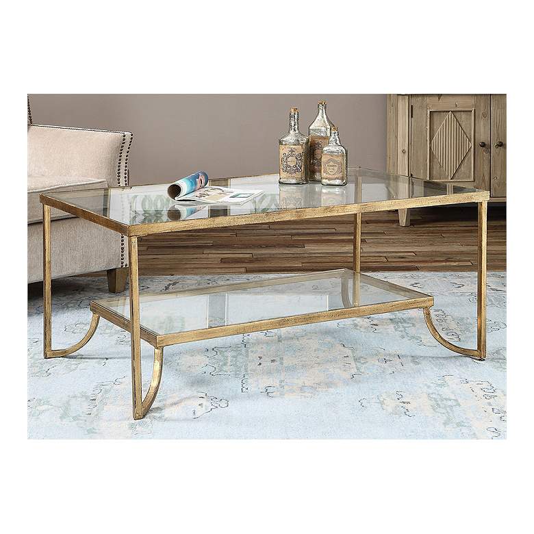 Katina 47&quot; Wide Antiqued Gold Leaf and Glass Designer Coffee Table more views