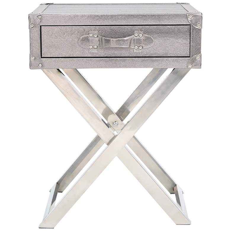 Image 6 Kava 20 inch Wide Silver Faux Lizard Leather 1-Drawer Side Table more views