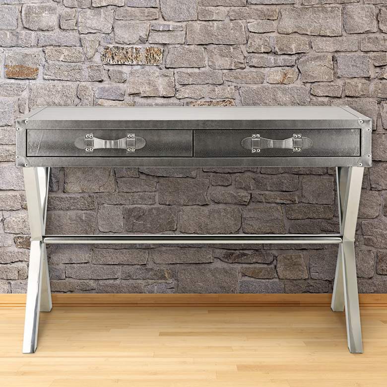 Image 1 Kava 44"W Silver Faux Lizard Leather 2-Drawer Console Table