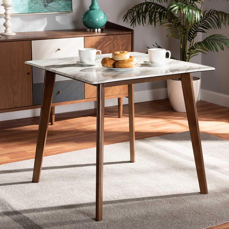 Kaylee 31 1/2&quot;W Walnut Brown Wood and Marble Dining Table