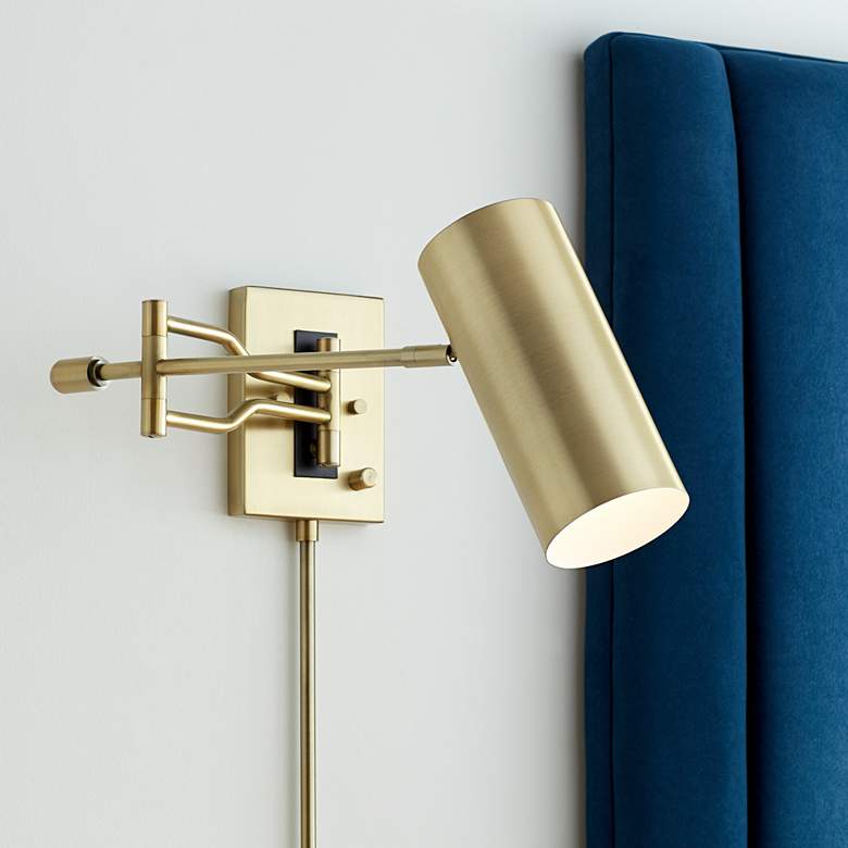 Image 1 Kaylie Warm Brass Cylinder Shade Swing Arm Wall Lamp with Cord Cover