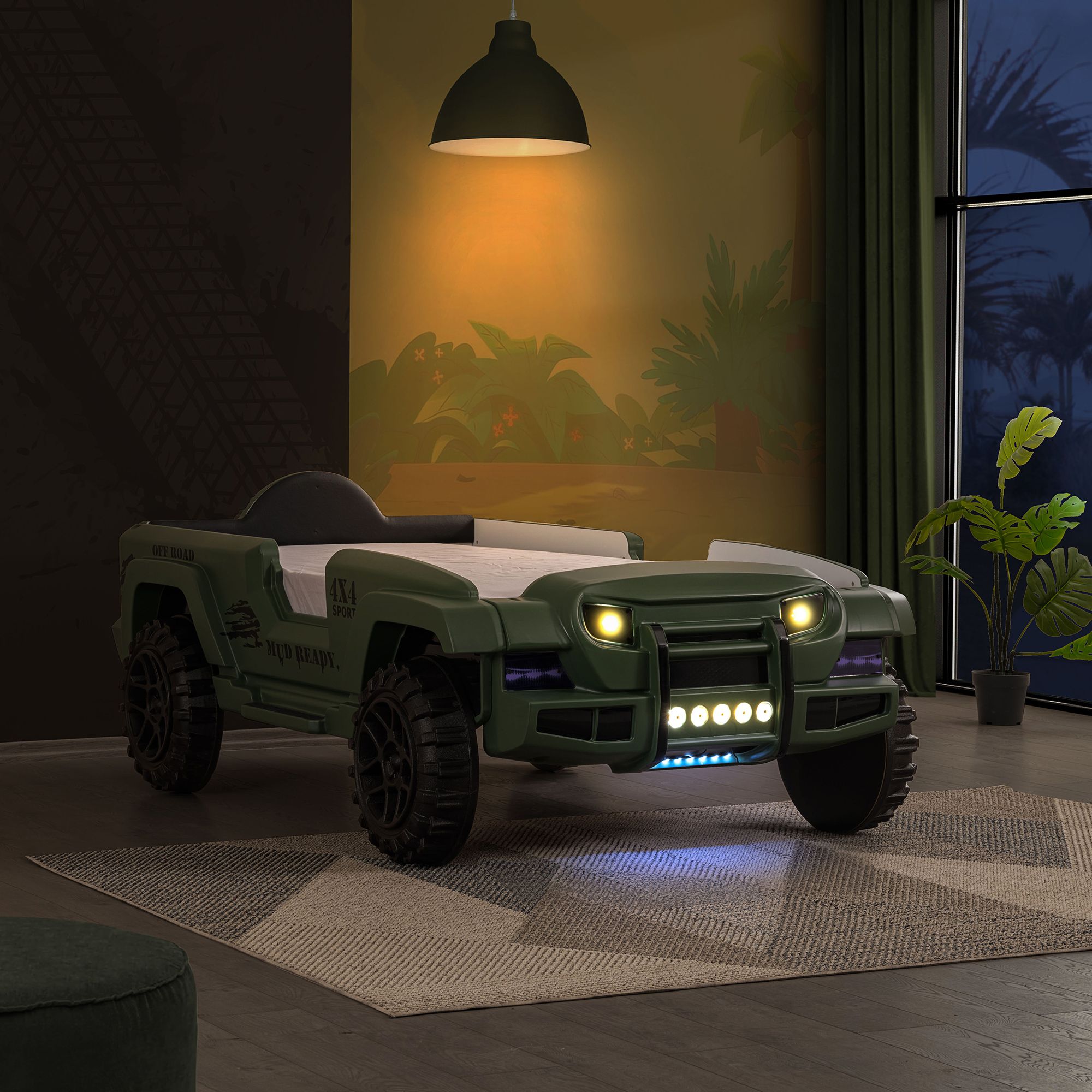 Kaylo Green Off-Road SUV Kids Bed with LED Lights and Sound