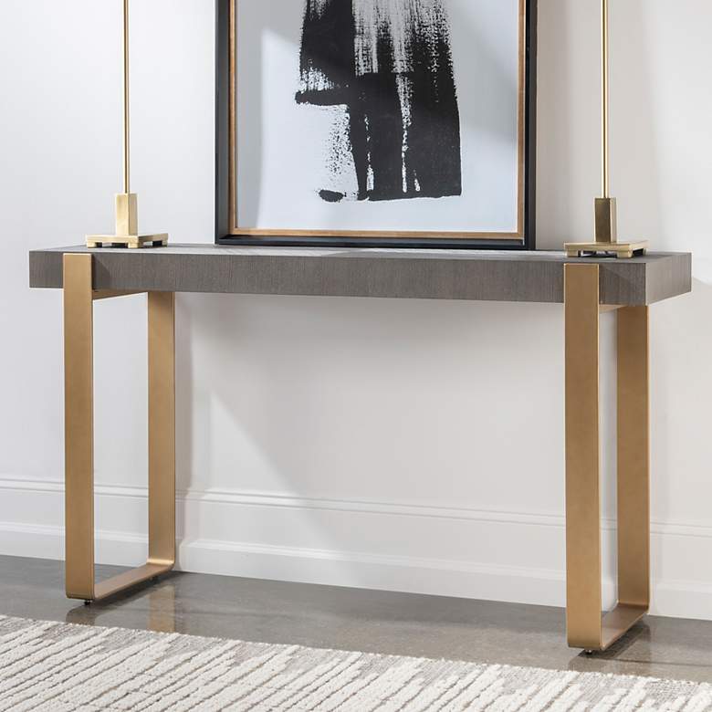 Image 2 Kea 60" Wide Dark Walnut Stain Brushed Brass Console Table