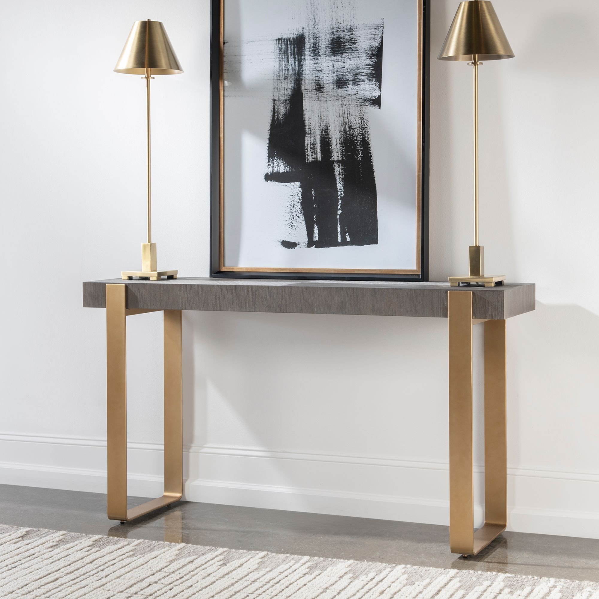 Kea 60" Wide Dark Walnut Stain Brushed Brass Console Table in scene