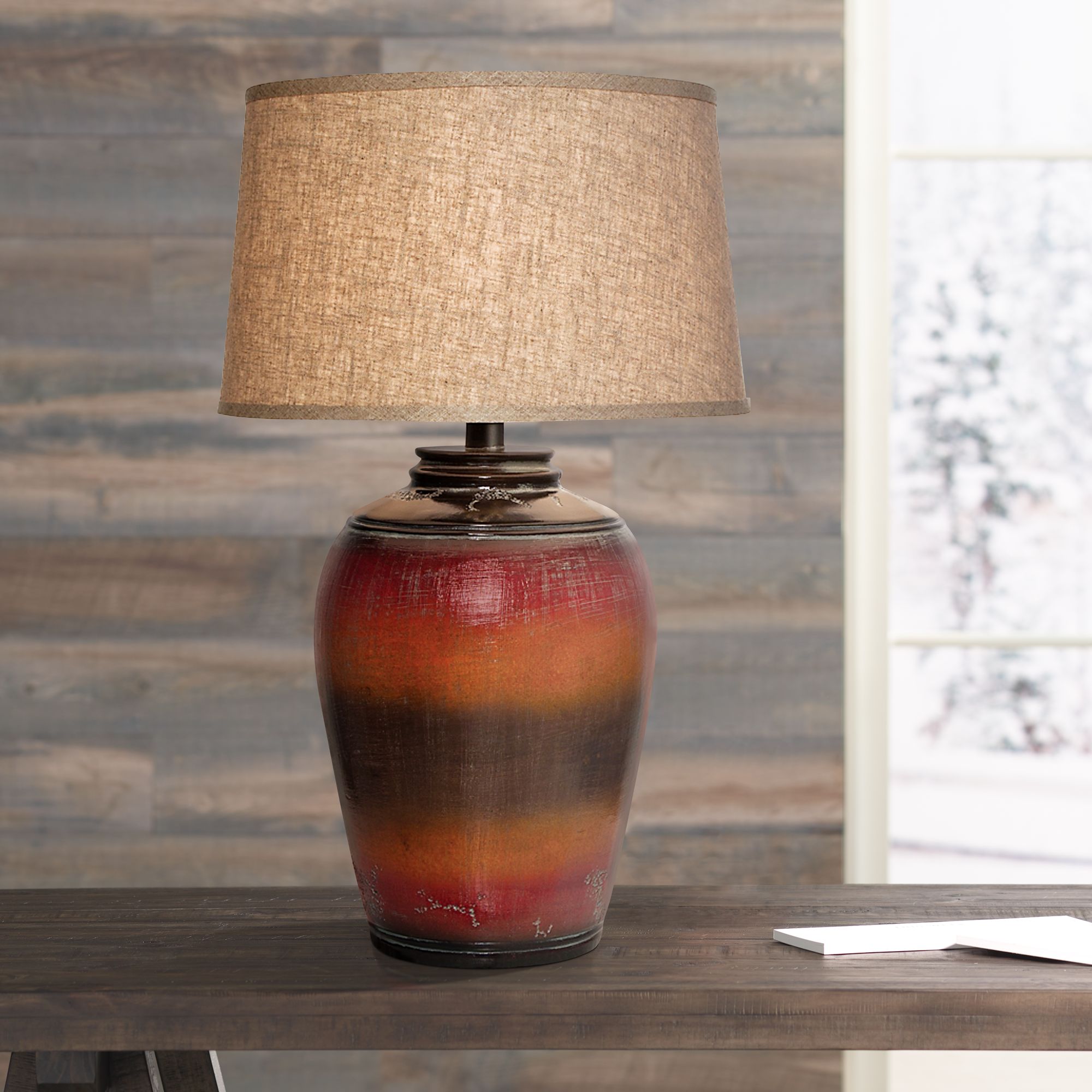 Kearny Red Orange Handcrafted Rustic Stone Urn Table Lamp - #5F880