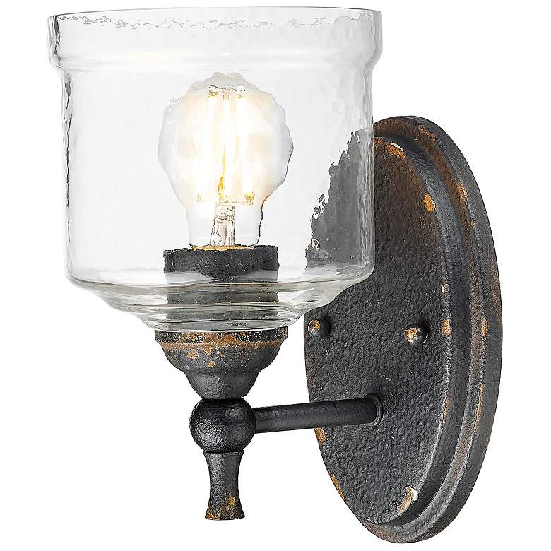 Image 2 Keating 1 Light Wall Sconce Antique Black Iron w Hammered Water Glass Shade more views