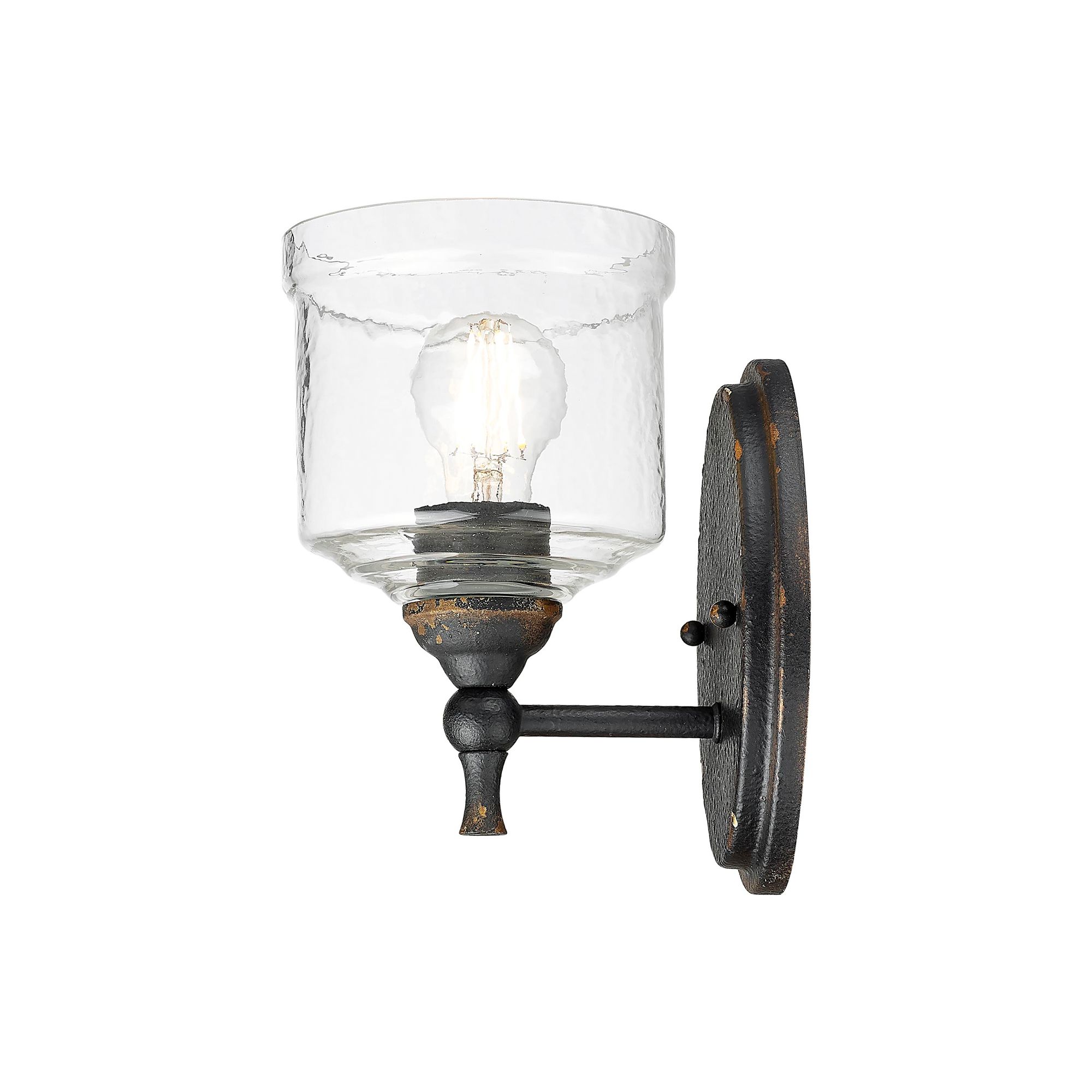 Keating 1 Light Wall Sconce Antique Black Iron w Hammered Water Glass Shade