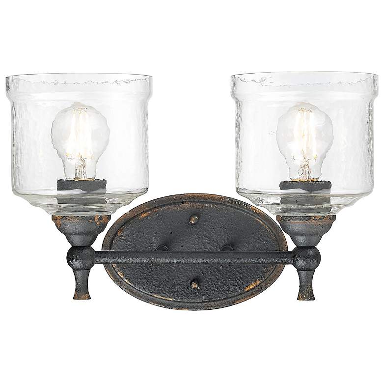 Image 2 Keating 2 Light Bath Vanity Antique Black Iron w Hammered Water Glass Shade