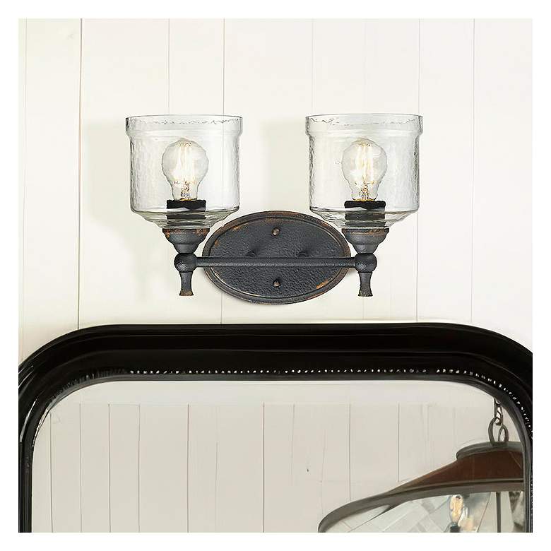 Image 1 Keating 2 Light Bath Vanity Antique Black Iron w Hammered Water Glass Shade