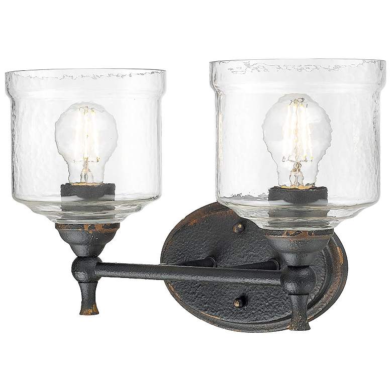 Image 4 Keating 2 Light Bath Vanity Antique Black Iron w Hammered Water Glass Shade more views