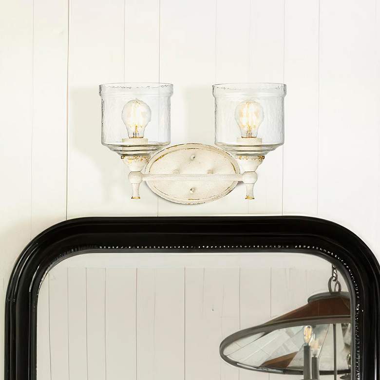 Image 1 Keating 2 Light Bath Vanity in Antique Ivory w Hammered Water Glass Shade