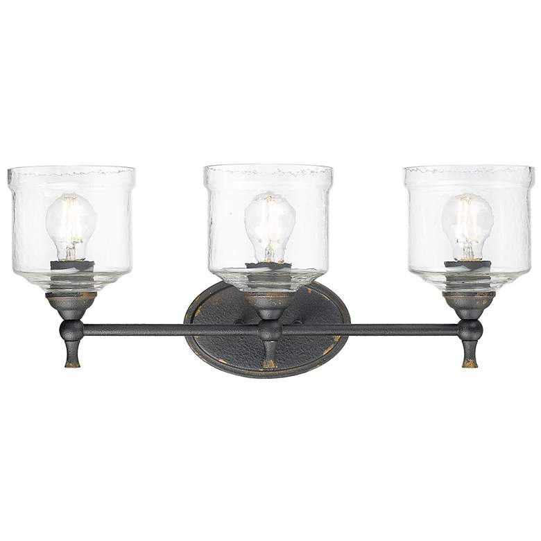 Image 2 Keating 3 Light Bath Vanity Antique Black Iron w Hammered Water Glass Shade