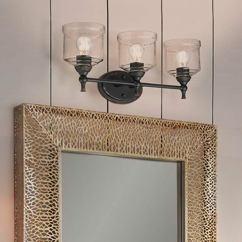 Image 1 Keating 3 Light Bath Vanity Antique Black Iron w Hammered Water Glass Shade