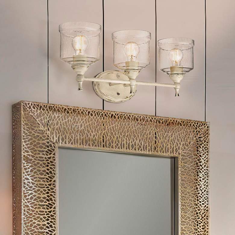 Image 1 Keating 3 Light Bath Vanity in Antique Ivory w Hammered Water Glass Shade
