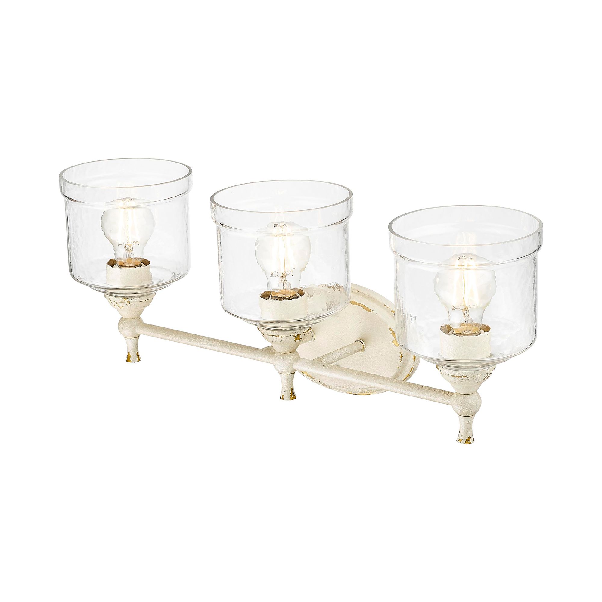 Keating 3 Light Bath Vanity in Antique Ivory w Hammered Water Glass Shade