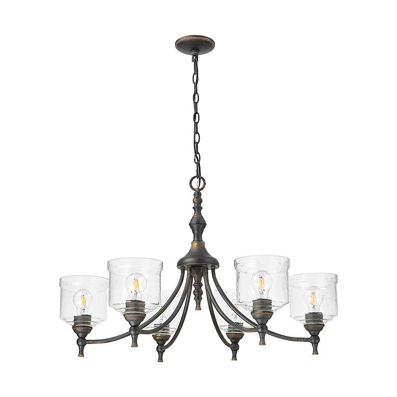 Image 2 Keating 6 Light Chandelier Antique Black Iron w Hammered Water Glass Shade more views